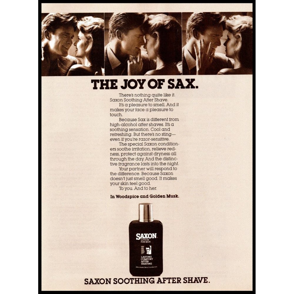 1985 Saxon After Shave Lotion Vintage Print Ad Joy of Sax Innuendo Wall Art